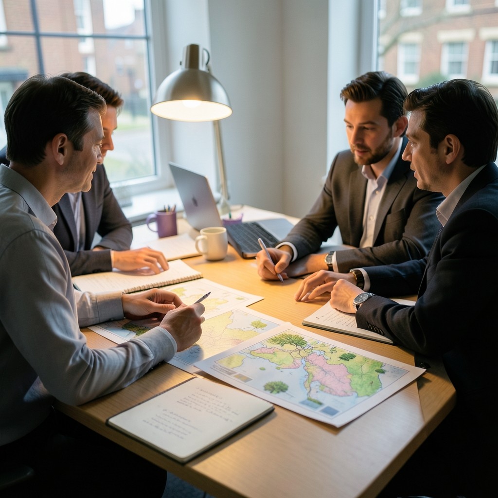 Researchers reviewing printed ecosystem maps at a London office desk